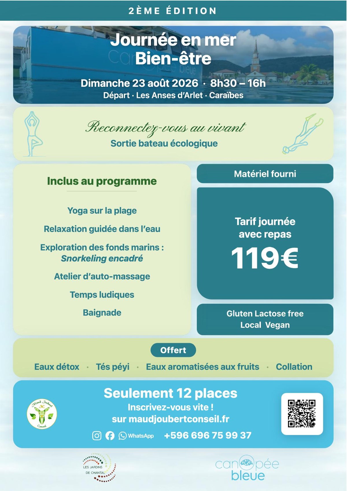 Affiche de la Journée en mer Bien-être, 2ème édition : yoga, relaxation, snorkeling et massage, le 23 août 2026 aux Anses d'Arlet