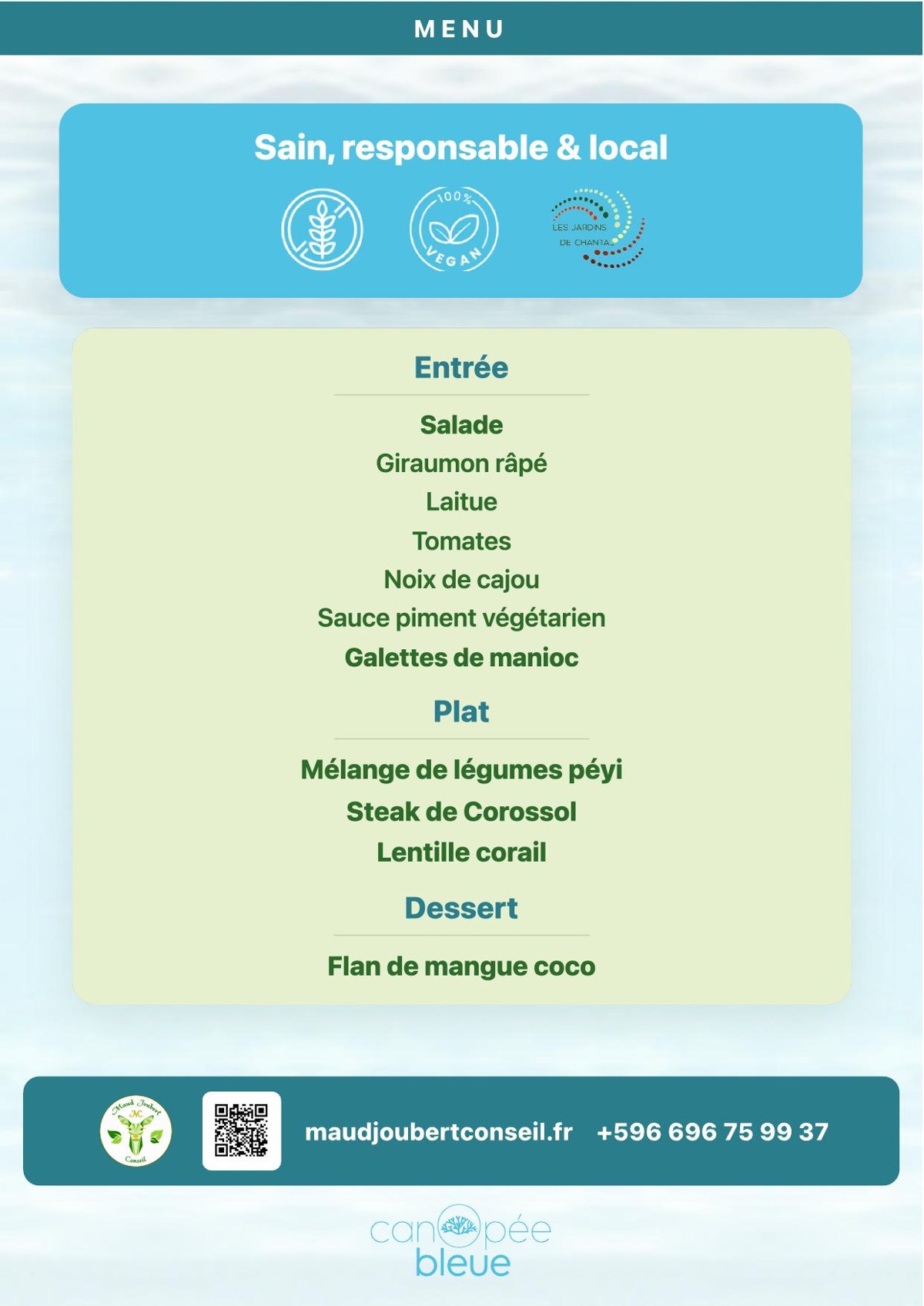 Menu de la Journée en mer Bien-être : entrée, plat et dessert sains, responsables et locaux